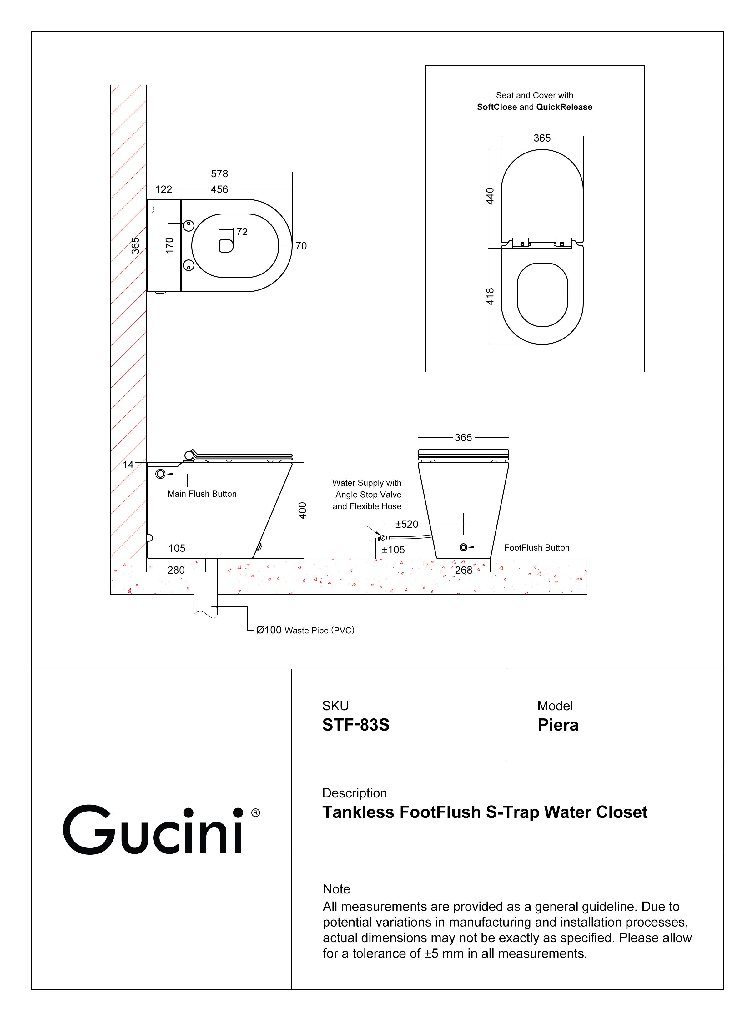 Piera STF-83S Tankless FootFlush Siphonic S-Trap Water Closet